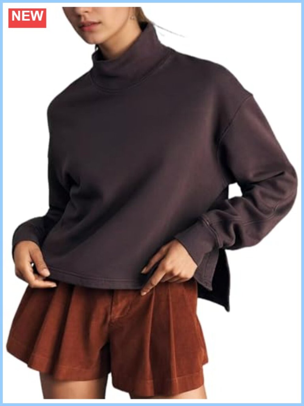 Mock Turtleneck Sweatshirt Long Sleeve Side Slit High Low Hem Pullover Top